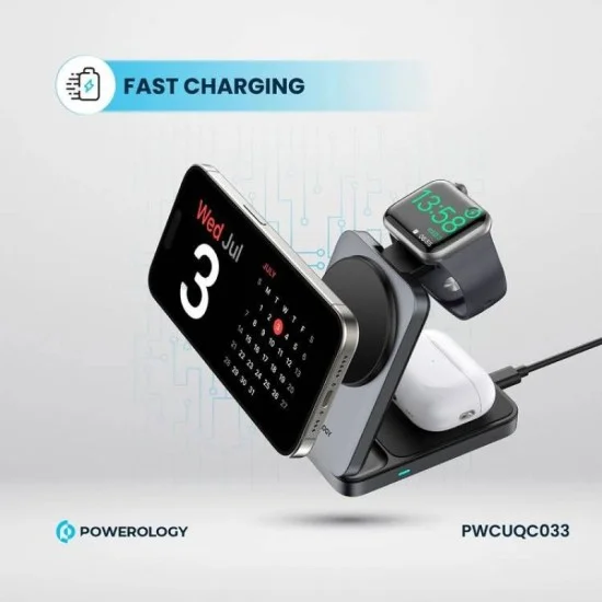 Charging Station 3 In 1 Foldable Wireless Powerology - Black